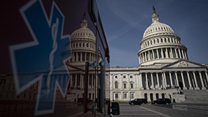 Medical vehicle parked outside of the capitol building.